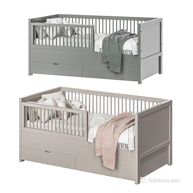 Modern Gray Baby Crib With Storage Drawers Soft Mattress And Safe Rail Design 3d model 