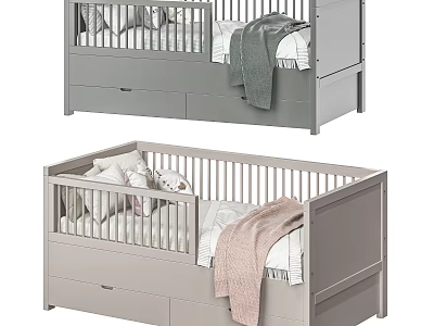 Modern Gray Baby Crib With Storage Drawers Soft Mattress And Safe Rail Design 3d model