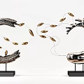 Modern Metal Sculptures with Curved Flowing Design and Gold Leaf Accents on Black Bases