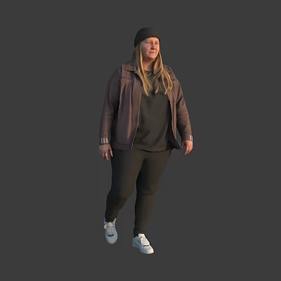 Woman in Brown Jacket Black Top and Pants Walking with Hat 3d model