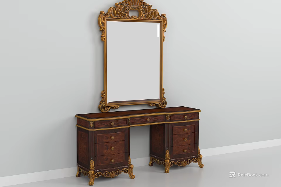 Vintage Bathroom Vanity Set With Wooden Cabinet Drawers Gold Accents And Mirror 3d model 