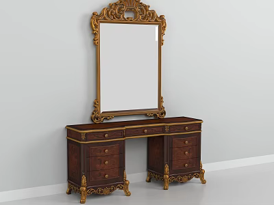 Vintage Bathroom Vanity Set With Wooden Cabinet Drawers Gold Accents And Mirror 3d model