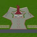 Red Monument Structure With Star Shaped Plaza Symmetrical Design And Green Lawn