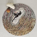 Artistic Round Rug With Black Human Figure And Gray Brown Beige Tones Design