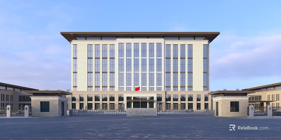 Modern Office Building With Large Glass Windows Light Colored Facade And Spacious Entrance Courtyard 3d model 
