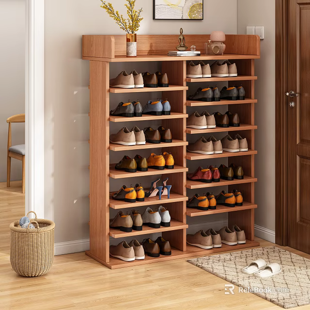 Wooden Multi tiered Shoe Cabinet With Various Shoes And Top Decorative Items In Home Interior 3d model 