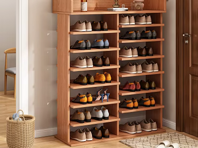Wooden Multi tiered Shoe Cabinet With Various Shoes And Top Decorative Items In Home Interior 3d model