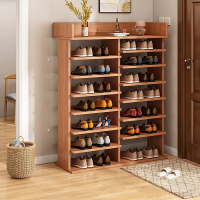Wooden Multi tiered Shoe Cabinet With Various Shoes And Top Decorative Items In Home Interior 3d model