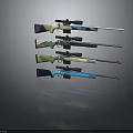 Rifles Featuring Scopes In Various Colors And Designs Arranged On Grey Background