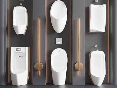 Modern Wall Mounted White Urinals In Bathroom With Gold Accent Strips And Sleek Design 3d model