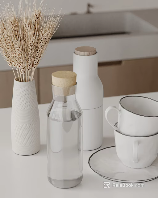 Decorative Ornaments Set With Wheat Ears In Textured Vase Glass Bottle Wooden Lid White Mugs 3d model 