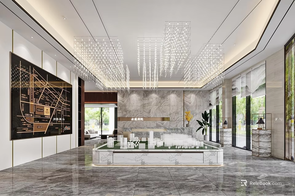 Modern Sales Office Interior With Crystal Chandeliers Marble Display And Property Models 3d model