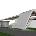 Modern Architectural Entrance Gate With Sleek Curved Design Wooden Details And Lawn Surroundings