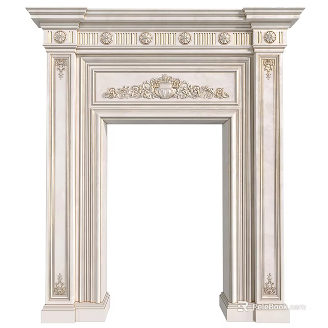 Ornate White Door Frame Featuring Gold Accents And Intricate Classical Carvings 3d model 