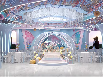 Elegant Banquet Hall With Crystal Chandelier Arched Stage Soft Blue Decor And Floral Arrangements 3d model
