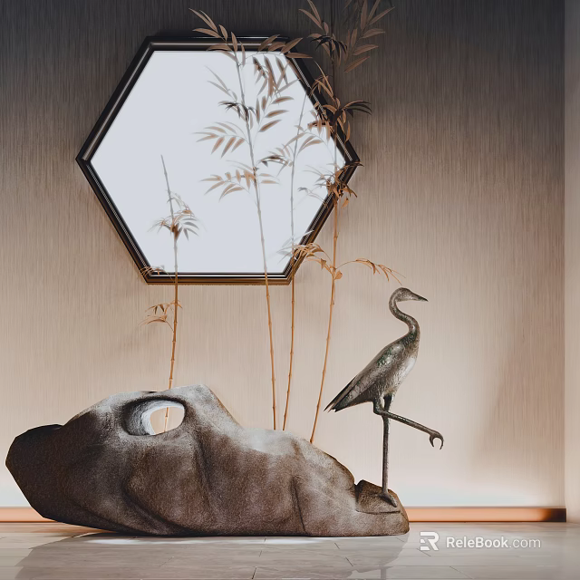 Natural Inspired Indoor Landscape With Hexagonal Mirror Bamboo Reflection Metal Crane And Stone Decor 3d model 