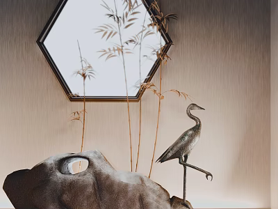 Natural Inspired Indoor Landscape With Hexagonal Mirror Bamboo Reflection Metal Crane And Stone Decor 3d model