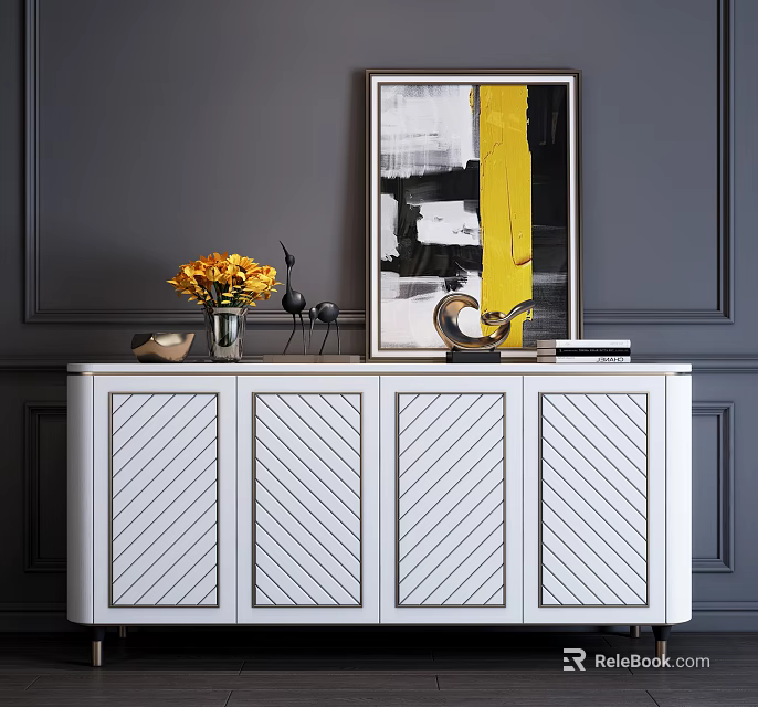 Entryway Console Cabinet With White Chevron Doors Yellow Flowers On Dark Gray Wall 3d model 