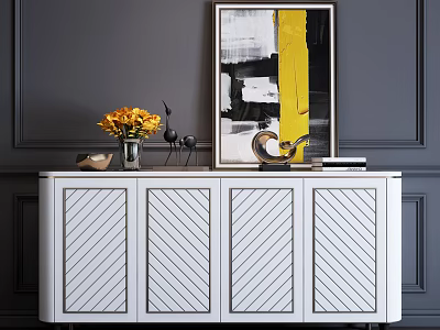 Entryway Console Cabinet With White Chevron Doors Yellow Flowers On Dark Gray Wall 3d model