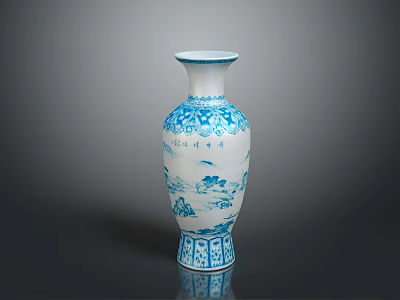 Traditional Blue And White Vase Sculpture With Intricate Carved Floral Patterns 3d model