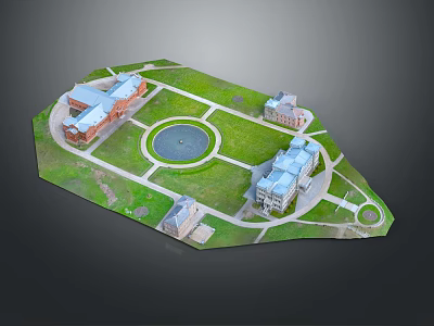 Cartoon Scenic Model With Buildings Green Lawn Central Fountain And Paths 3d model