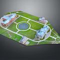 Cartoon Scenic Model With Buildings Green Lawn Central Fountain And Paths