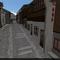 Traditional Chinese Commercial Street With Stone Paved Road Red Lanterns White Walls And Wooden Windows