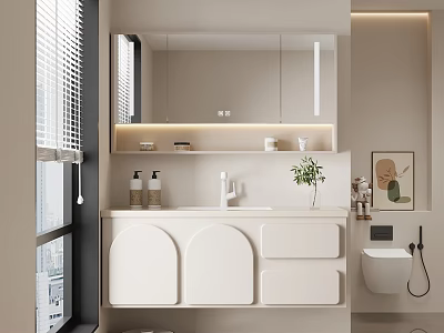 Modern White Bathroom Cabinet With Mirror Sink Potted Plant And Painting 3d model