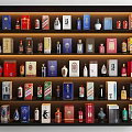 Assorted Wine Bottles And Glasses Arranged On Stylish Display Shelf With Different Brands 3d model