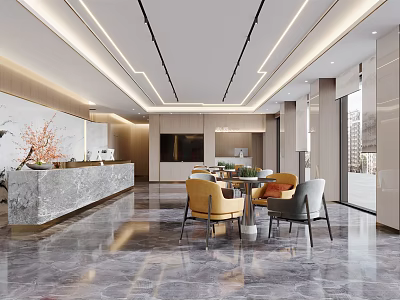 Modern Elegant Store Reception Desk Interior With Marble Counter And Stylish Chairs Table Lighting 3d model