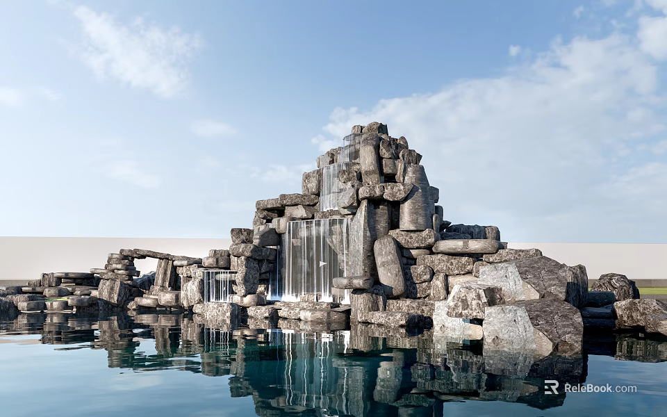 Natural Stone Rock Formation with Flowing Waterfall and Reflection in Blue Sky with White Clouds 3d model 