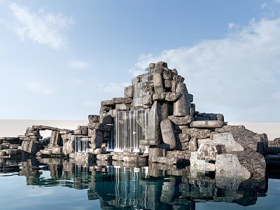 Natural Stone Rock Formation with Flowing Waterfall and Reflection in Blue Sky with White Clouds 3d model