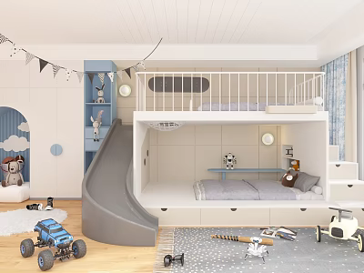 Kids Room Interior Featuring Bunk Bed Slide Toy Cars Cloud Decor And Bunting Flags 3d model