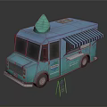 Blue Food Truck With Green Ice Cream Decoration Striped Awning And Small Chalkboard Sign