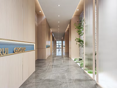 Modern Office Corridor With Wooden Walls Marble Flooring Green Plants Lighting Strips And Logo Sign 3d model