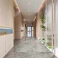 Modern Office Corridor With Wooden Walls Marble Flooring Green Plants Lighting Strips And Logo Sign