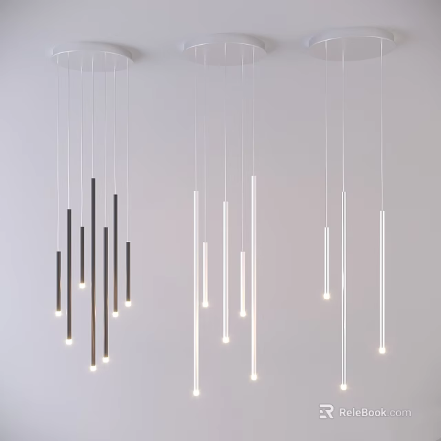 Modern Black and White Slender Tube Chandeliers Hanging from White Ceiling with Illuminated Lights 3d model 