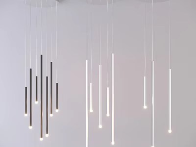 Modern Black and White Slender Tube Chandeliers Hanging from White Ceiling with Illuminated Lights 3d model