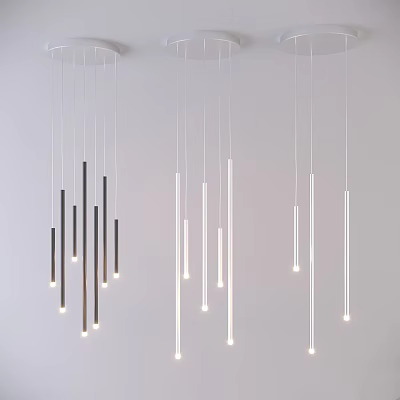 Modern Black and White Slender Tube Chandeliers Hanging from White Ceiling with Illuminated Lights 3d model