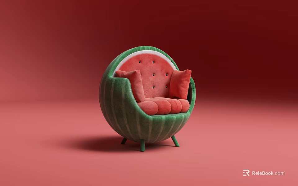 Watermelon Shaped Single Sofa With Green Exterior Red Cushions And Backrest Against Pink Background 3d model 