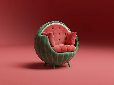 Watermelon Shaped Single Sofa With Green Exterior Red Cushions And Backrest Against Pink Background 3d model