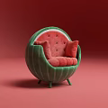 Watermelon Shaped Single Sofa With Green Exterior Red Cushions And Backrest Against Pink Background