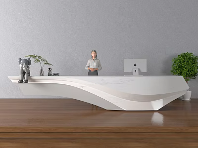 Modern White Reception Desk with Woman Staff Standing Behind and Green Plant on Wooden Floor 3d model