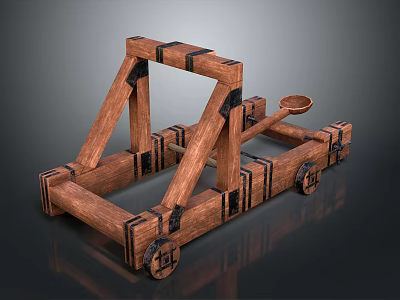 Handcrafted Wooden Catapult Decorative Ornament With Vintage Style Metal Fittings And Wheels 3d model