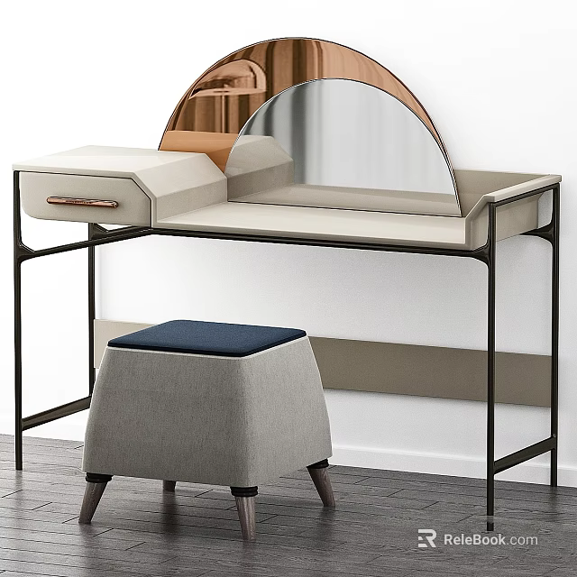 Modern Vanity Table Featuring Semicircular Mirror And Gray Stool With Blue Cushion 3d model