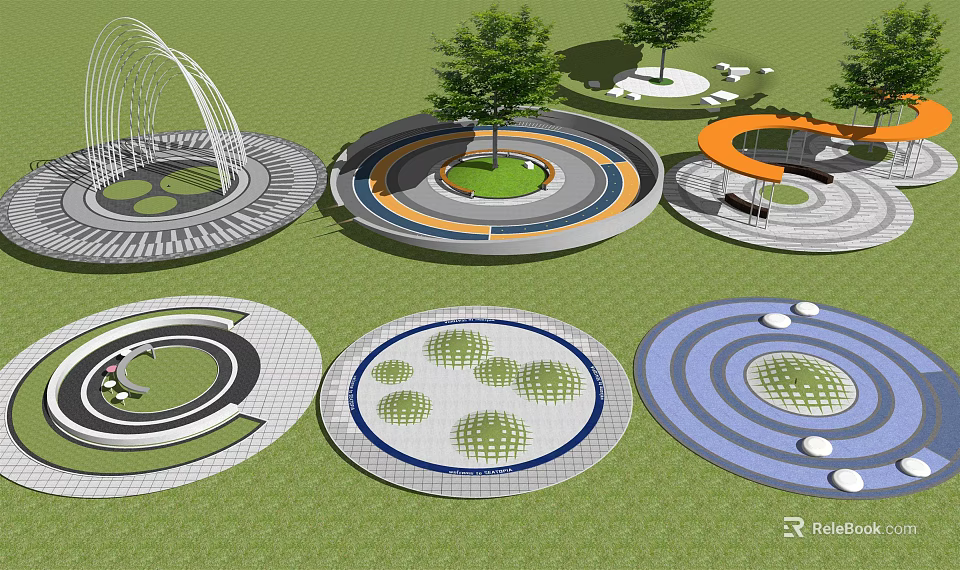Circular Tree Planter Landscape Design With Colored Borders And Paving Patterns 3d model