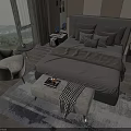 Modern Bedroom With Double Bed Gray Bedding Multiple Pillows Armchair And Scenic View
