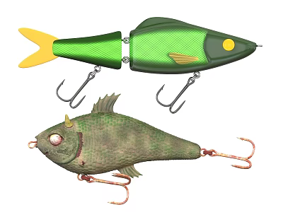 Green And Camouflage Fishing Lures With Yellow Tail And Hooks For Angling 3d model