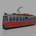 Vintage Red Tram Train With Multiple Windows And Trading Electric Soda Co Top Sign