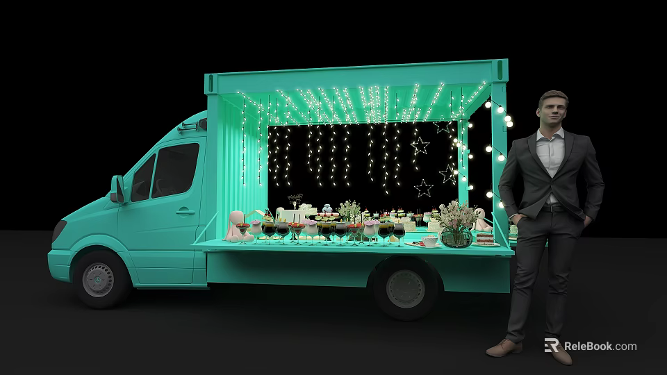 Turquoise Functional Vehicle Open Side Decorated With String Lights Star Ornaments And Display Items 3d model